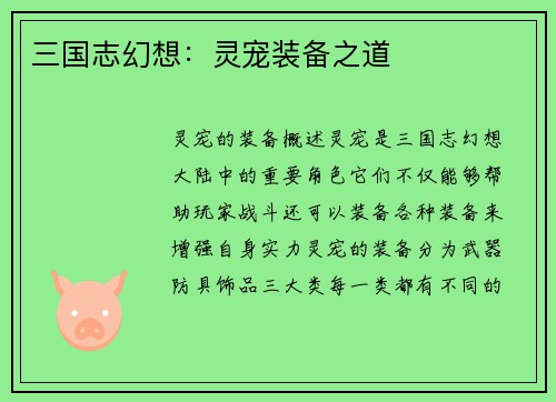 三国志幻想：灵宠装备之道